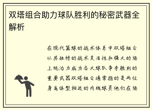 双塔组合助力球队胜利的秘密武器全解析