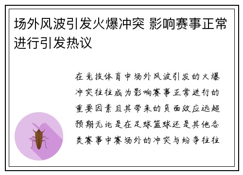 场外风波引发火爆冲突 影响赛事正常进行引发热议