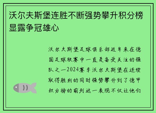沃尔夫斯堡连胜不断强势攀升积分榜显露争冠雄心