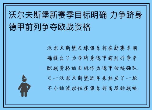 沃尔夫斯堡新赛季目标明确 力争跻身德甲前列争夺欧战资格