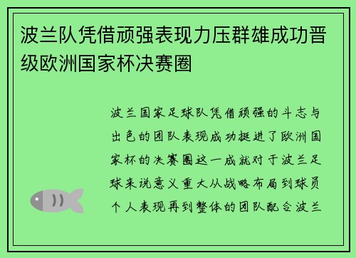 波兰队凭借顽强表现力压群雄成功晋级欧洲国家杯决赛圈