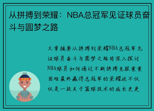从拼搏到荣耀：NBA总冠军见证球员奋斗与圆梦之路