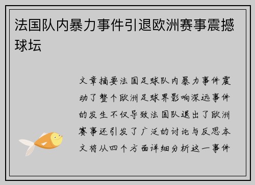 法国队内暴力事件引退欧洲赛事震撼球坛