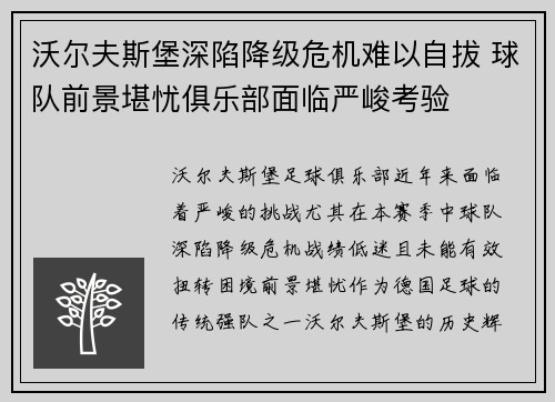 沃尔夫斯堡深陷降级危机难以自拔 球队前景堪忧俱乐部面临严峻考验