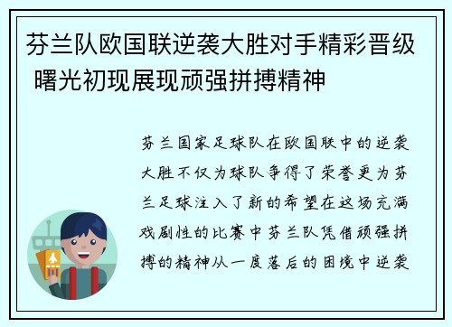 芬兰队欧国联逆袭大胜对手精彩晋级 曙光初现展现顽强拼搏精神