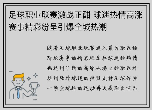 足球职业联赛激战正酣 球迷热情高涨赛事精彩纷呈引爆全城热潮