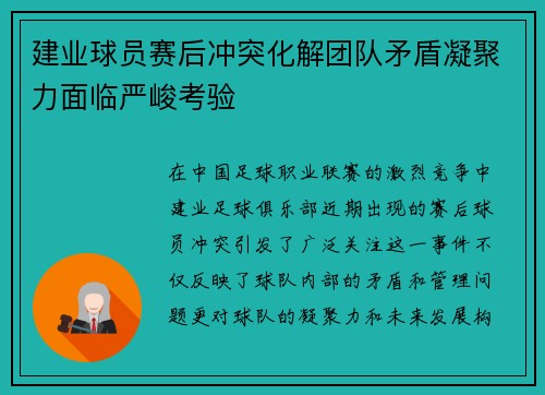 建业球员赛后冲突化解团队矛盾凝聚力面临严峻考验