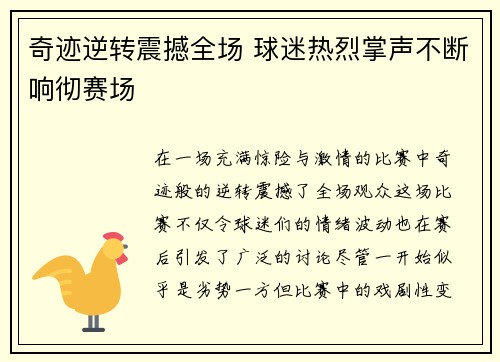 奇迹逆转震撼全场 球迷热烈掌声不断响彻赛场