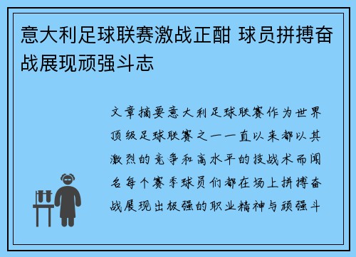 意大利足球联赛激战正酣 球员拼搏奋战展现顽强斗志
