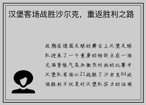 汉堡客场战胜沙尔克，重返胜利之路