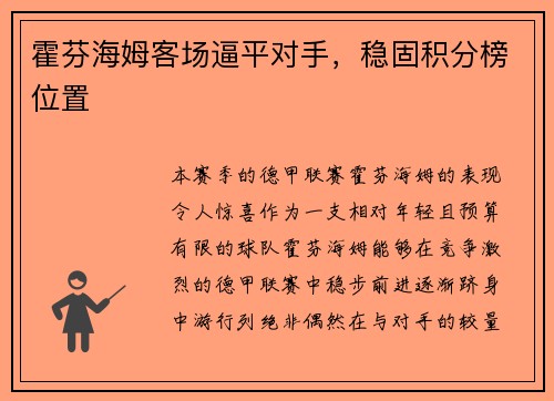 霍芬海姆客场逼平对手，稳固积分榜位置