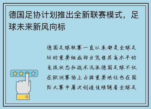 德国足协计划推出全新联赛模式，足球未来新风向标