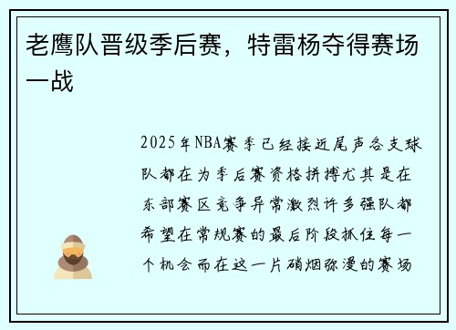 老鹰队晋级季后赛，特雷杨夺得赛场一战