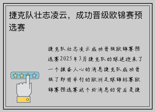 捷克队壮志凌云，成功晋级欧锦赛预选赛