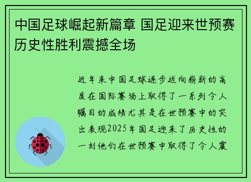 中国足球崛起新篇章 国足迎来世预赛历史性胜利震撼全场