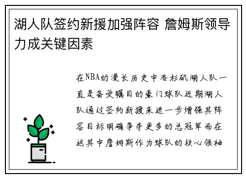 湖人队签约新援加强阵容 詹姆斯领导力成关键因素
